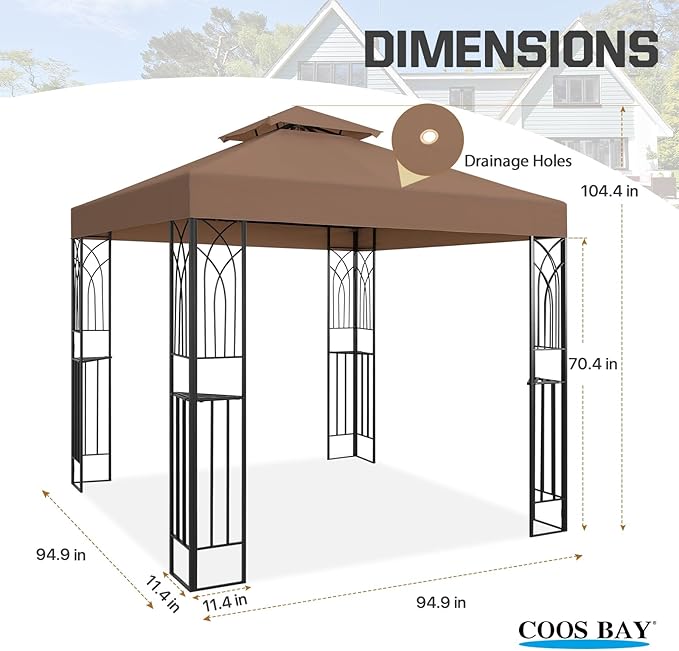 COOS BAY 8x8 Outdoor Patio Gazebo with Corner Shelves, Two-Tier Soft Top Canopy for Backyard, Lawn, Deck and Garden, Brown
