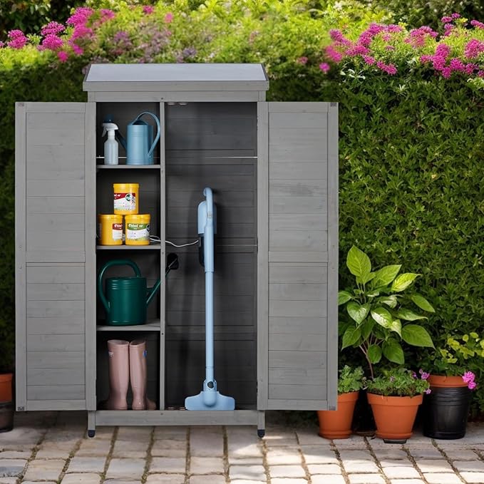 Stylish Grey & Solid Wood Outdoor Storage Shed – Durable Metal Top Vertical Tool Cabinet Ideal for Backyard, Garden, and Patio Organization