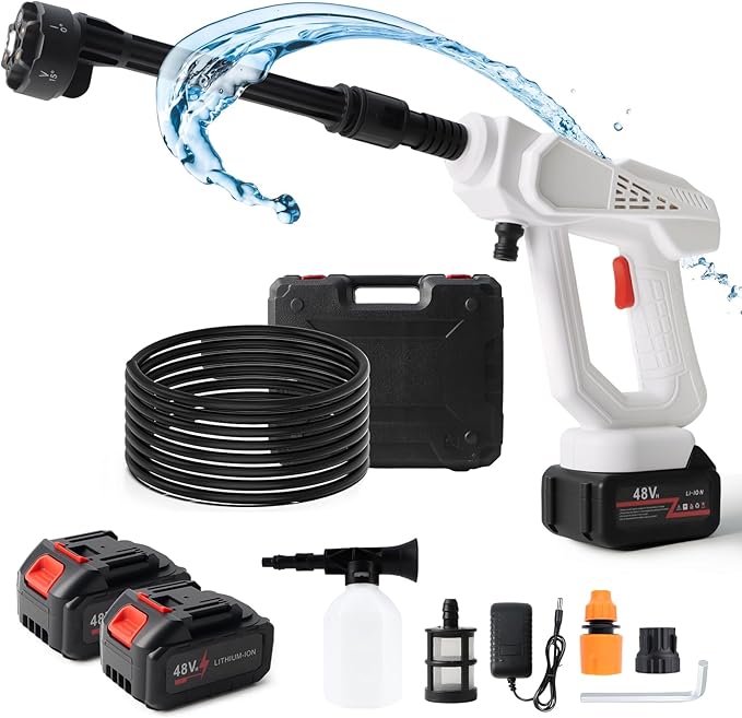 Portable Cordless Pressure Washer, 870 PSI/60 Bar Handheld High-Pressure Water Spray Wash Battery Powered Pressure Washer 48V with 6-in-1 Nozzle for Garden Car Floor Yard Fence Wall Cleaning
