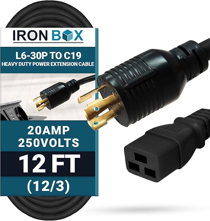 IronBox Electric NEMA L6-30P to C19 Power Cord - 20Amp, 250V, 12/3 SJT - UL Listed Heavy Duty Power Extension Cable for Generator, Data Centers, Outdoor Use, High-Powered Applications & More (12 ft)
