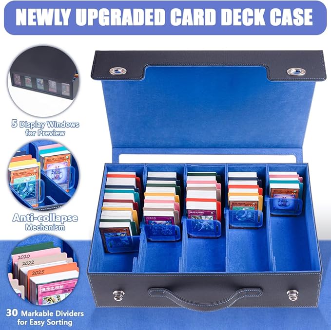 5-Row 3900+ Trading Card Storage Box for MTG, Card Deck Box with Snap-fit Design, 5 Card Sleeves, 10 Stoppers, 80 Dividers and 1 Dice Tray (Black-Blue)
