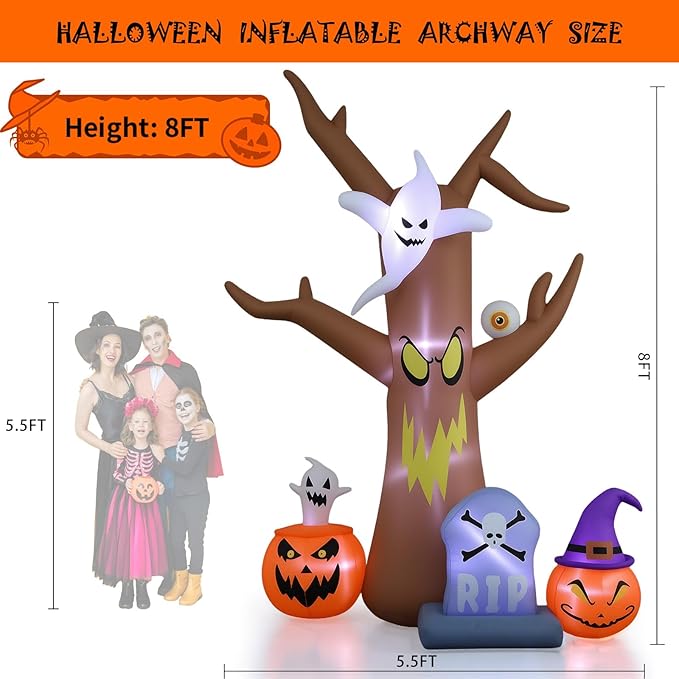 8FT Halloween inflatables Tree, Blow Up Yard Scary Dead Tree with Pumpkin Ghost Tombstone Inflatable for Garden Lawn Indoor Party Decor, Halloween Decorations Outdoor