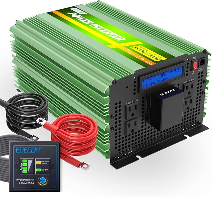 EDECOA Pure Sine Wave Power Inverter 3500W DC 12V to AC 120V with LCD Display and Remote Controller 4 AC Outlets and 1 Terminal Block