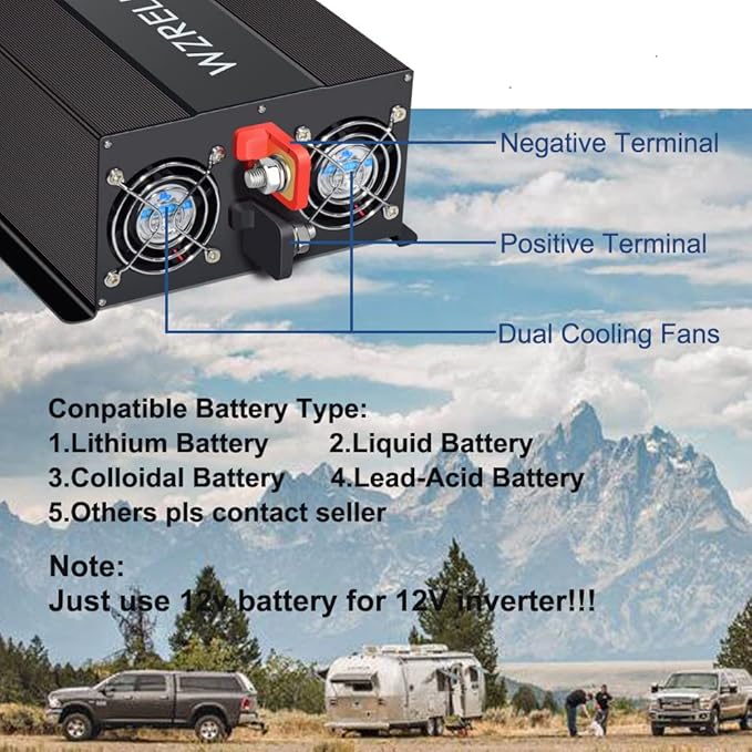WZRELB Pure Sine Wave Inverter 2000W 12VDC to 120VAC Solar Power Converter Truck RV Home LCD Display