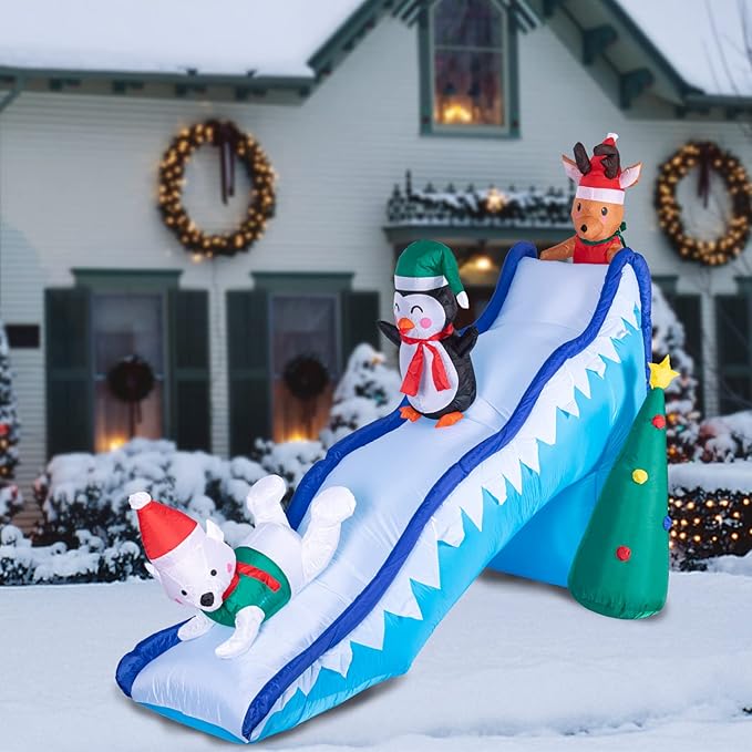 VCUTEKA Christmas Inflatables Outdoor Decorations - 9FT Inflatable Reindeer Penguin Polar Bear Christmas Tree Fun Trio Slide Scene Decor Blow Up Lighted for Holiday Yard Garden Lawn Xmas Decor