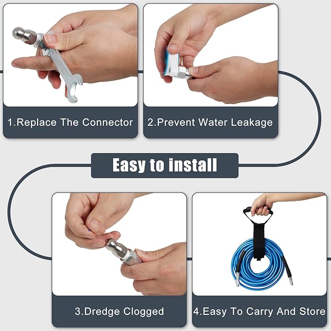 50 FT Sewer Jetter Kit for Pressure Washer, 5800PSI Water Jet Drain Cleaner Hose, 1/4 Inch NPT Corner with 4 Sewer Jetting Nozzles, Pearl Corsage Pin, Waterproof Tape, Handle Strap&2 Spanner (Blue)