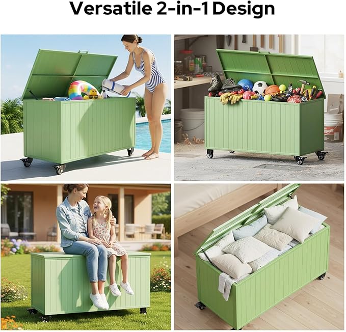 Outdoor Storage Deck Box with Wheels 150 Gallon, Aluminum Deck Boxes Outdoor Waterproof, Patio Storage Box for Home/Backyard/Pool Chemicals/Toys/Garden Tools/Porch/Patio Cushions (Green)