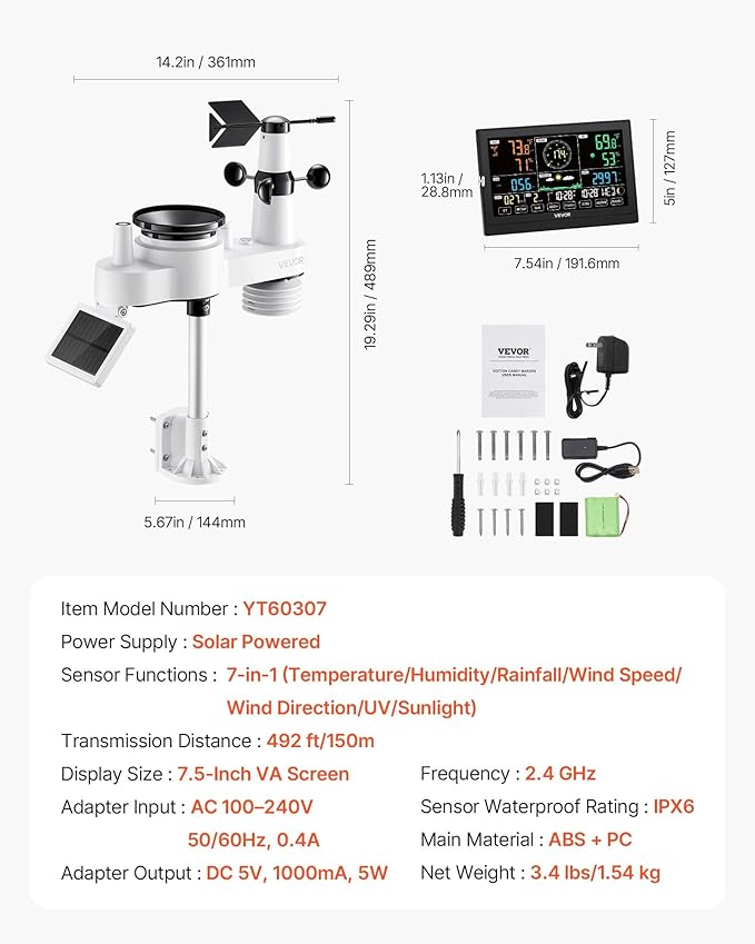 VEVOR 7-in-1 Wi-Fi Weather Station with APP, 7.5-Inch VA Display, Wireless Solar Powered Outdoor Sensor, Rain Gauge, Indoor Outdoor for Weather Forecast, Wind Speed, Temperature, Humidity, Rainfall