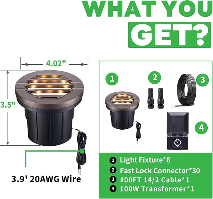 Landscape Well Light Kit, 8 Pack Low Voltage In Ground Lights and 100W Transformer and 100FT Cable and 30 Wire Connectors, IP67 Waterproof Outdoor, Grill Top Aluminum for Path Tree