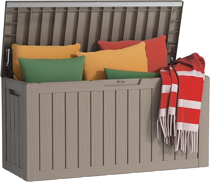 EasyUp 80 Gallon Outdoor Storage Box Waterproof, UV Resistant Resin Deck Box with Hydraulic Rod, Reinforced Stability for Patio, Garden, Striped Gray