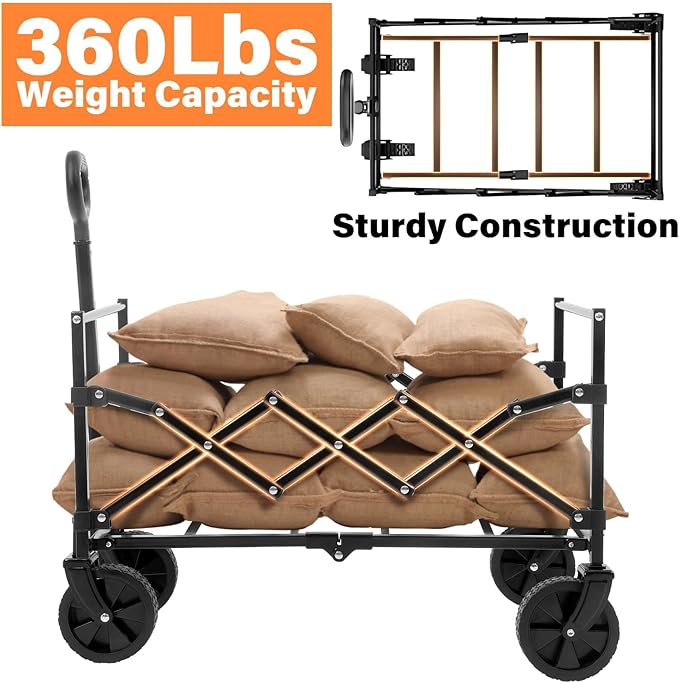 Wagons Carts Foldable, Collapsible Wagon Cart with Wheels - Beach Wagon Cart with Wheels for Sand Sports Camping Grocery, Black