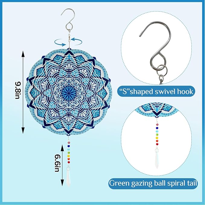 Wind Spinners Outdoor with Crystal Tail, Marzovitra Stainless Steel 3D Kinetic 10 Inch Garden Decor for Patio, Home or Yard Decorations Outdoor Hanging Yard Art, Metal Wind Sculpture (Bohemian)