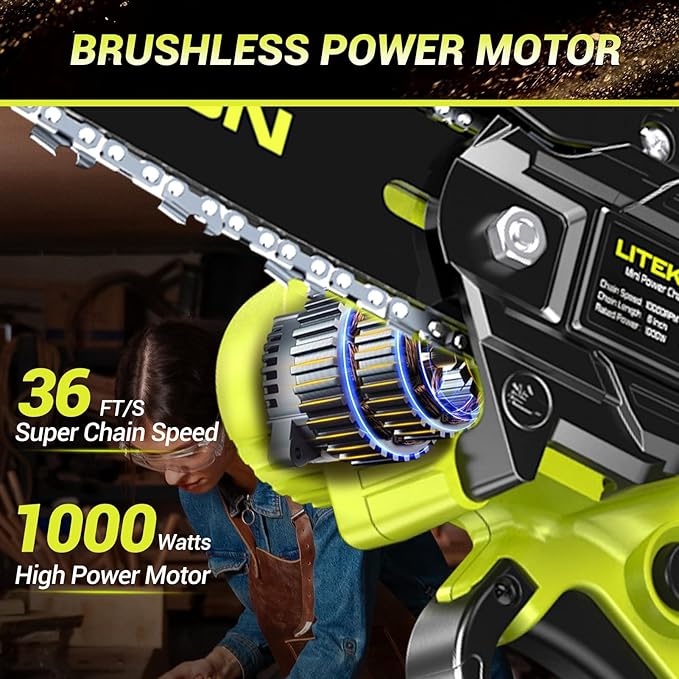 Mini Chainsaw High Power with 1000W Motor, 36 FT/S Cordless Power Chainsaw with Auto-Oil System, 2025 Upgraded 6Inch 20V Electric Chain Saw with 2x2000mAh Battery & Quick Charger, 3 Chains
