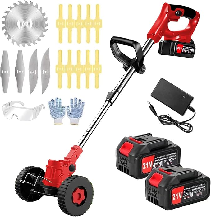 Electric Weed Wacker 21V Electric Weed Cordless Eater with 2pcs Batteries and 3 Types Blades&Auxiliary Wheel Weed Trimmer Lightweight 3 in 1 Stringless Grass Trimmer Edger/Brush Cutter for Lawn