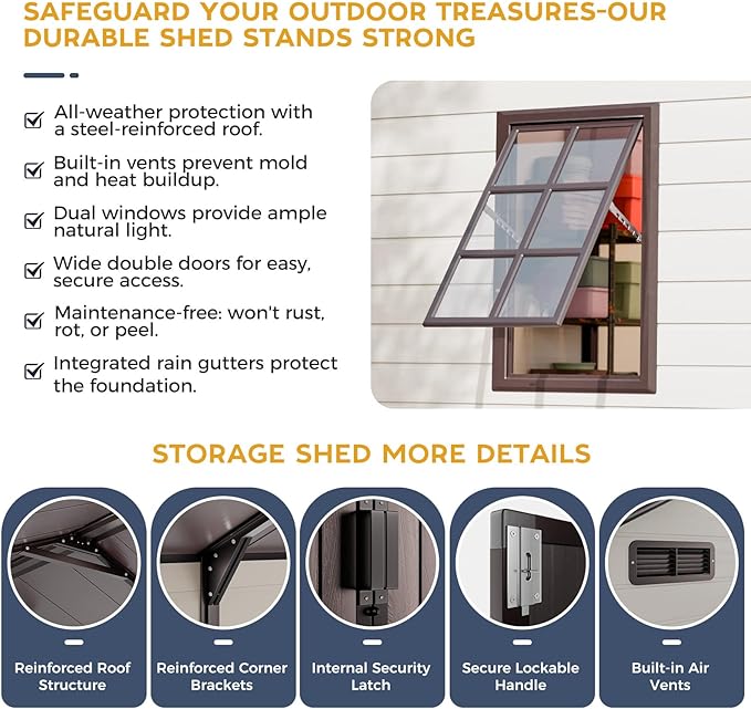 Plastic Shed 8x8 Outdoor Storage Resin Sheds, 2 Lockable Awning Windows, Reinforced Steel Frame, Heavy-Duty Resin Garden Shed for Backyard, Patio, Tool & Bike Storage