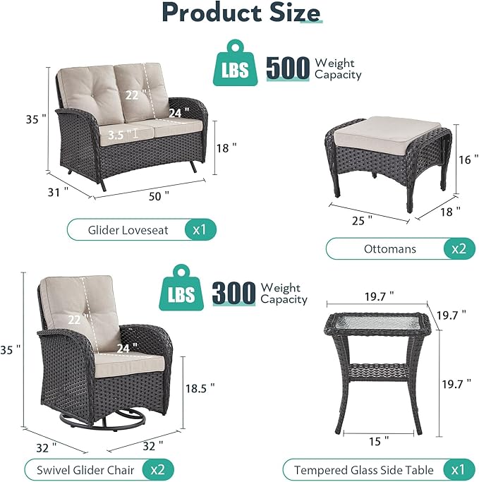 6 Piece Patio Furniture Set - Wicker Patio Conversation Set with Swivel Glider, Glider Loveseat, Tempered Glass Side Table and 2 Ottomans for Deck Backyard - Black Wicker Beige Cushion