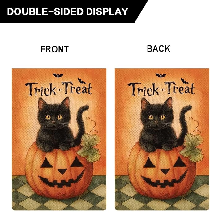 Trick or Treat Garden Flag Halloween Cute Black Cat Small Flag for Outside Pumpkin Bat Burlap Double Sided Welcome Yard Lawn Decor 12.5x18"