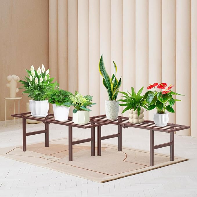 2 Pack Metal Plant Stand Outdoor Indoor, 1 Tier Folding Tiered Corner Flower Display Holder Shelf, Stackable Heavy Duty Multiple Plant Rack for Windowsills Patios Balconies, Brown