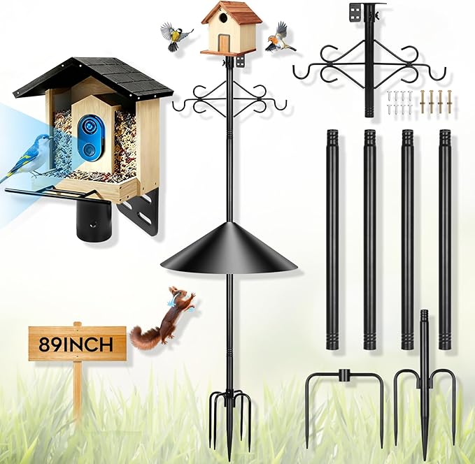 89 inch Double Hooks Heavy Duty Bird Feeder Pole with Squirrel Baffle for Outdoors,5-Prong Base Adjustable Bird House Pole for Smart Camera Birdfeeder,Bluebird House