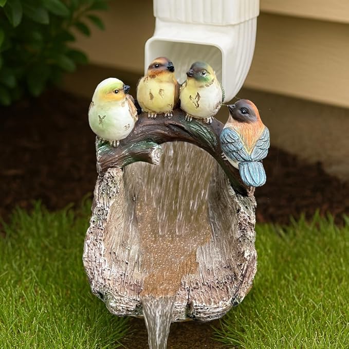 Bird Splash Block - Decorative Resin Gutter Downspout Diverter, 11” x 6.1” x 6.9”, Durable Water Flow Protector for Yard, Garden & Patio, Functional Outdoor Four Birds Statue for Rainwater Drainage