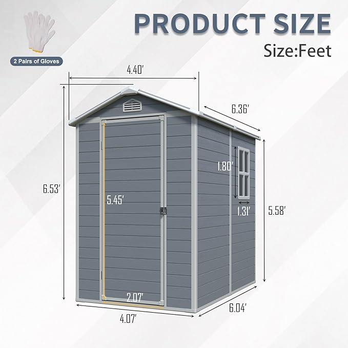 4x6ft Outdoor Storage Shed, Resin Patio Furniture Storage with Lockable Door, All-Weather，Garden Shed Kit with Reinforced Floor & Natural Light Window，UV Protection， (Gray, 4x6ft)