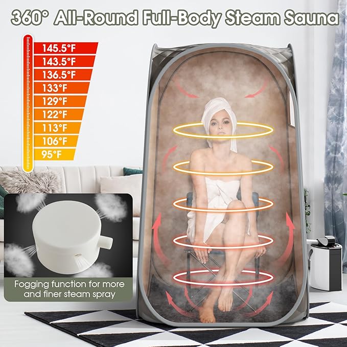 COSTWAY Portable Steam Sauna, Full-Body Personal Sauna Tent w/ 3L Steam Generator, Foldable Chair, Foot Massager, Timer, Remote Control, Indoor Pop-up Sauna Tent for Home Spa Relaxation (Gray)