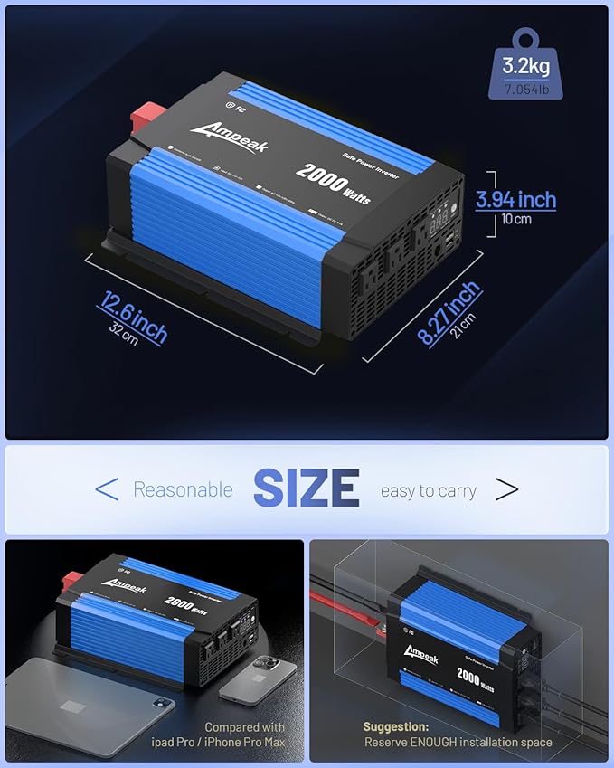 Ampeak 2000W Power Inverter 12V to 110V, 89.37% High Efficiency Modified Sine Wave Inverter with 3 AC Outlets & Dual USB, for RV Truck Camping & Home Emergency Use (4000W Peak)