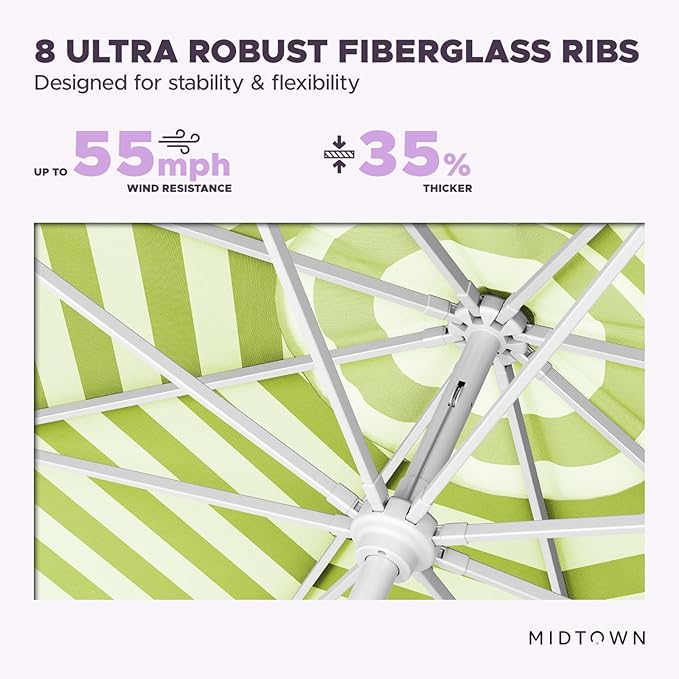 Midtown Umbrellas The Swilt 10 Feet Patio Umbrella in Terylast Pear Stripes (Green/White) Polyester Fabric - Fiberglass Ribs, Auto-Tilt Aluminum Frame For Backyard, Deck, Garden, Pool - White Pole