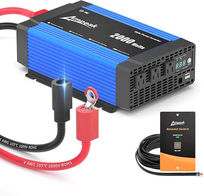 Ampeak 2000W Inverter with Anti-Spark Waterproof Cable Power Converter Conversion Efficiency 89.37% 12V to 110V 3AC Outlets Dual 5V/3.1A USB Ports Modified Sine DC to AC Inverter for Vehicles