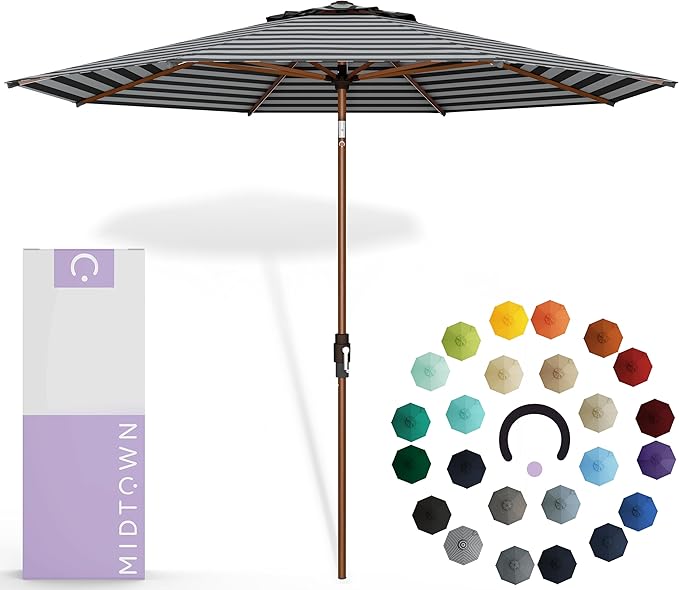 Midtown Umbrellas Sunbrella Umbrella Large Patio Umbrella 2-10 Feet in Black & White Fabric, Auto-Tilt Aluminum Frame Backyard Umbrella, Deck Umbrella, Garden Umbrella & Porch Umbrella - Wooden Pole