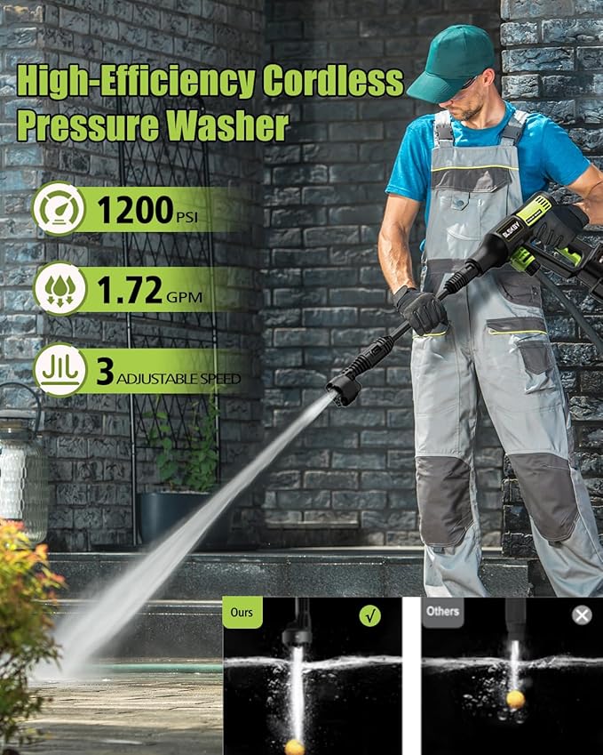 Portable Cordless Pressure Washer 2 Batteries - 1200PSI Brushless Cordless Power Washer with 6-in-1 Nozzle, Adjustable Foam Cannon LCD Touch Screen for Car Garden