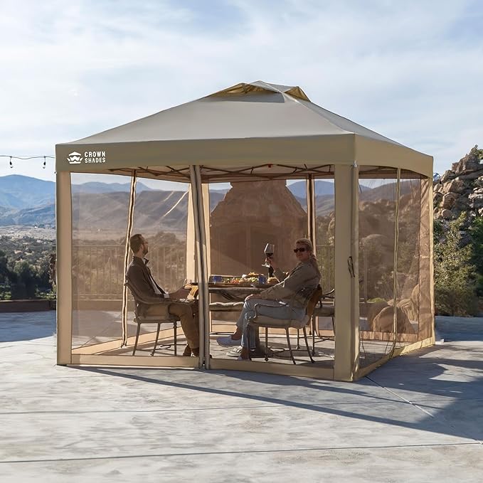 CROWN SHADES Gazebo 10x10 Pop Up Canopy with Mosquito Netting, Screen Tent with 4 Ropes, 8 Stakes, 4 Sandbags and Wheeled Storage Bag, Canopy for Patio & Backyard, Beige
