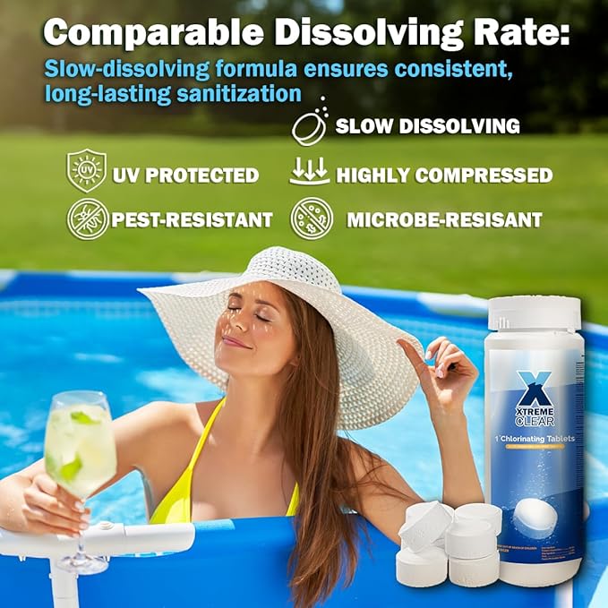 XtremeClear Chlorine Tablets 1 Inch 1.5 lbs for Swimming Pools, Long-Lasting Stabilized 1" Chlorinating Tablets for Spa Hot Tub Chemicals, Small Pool