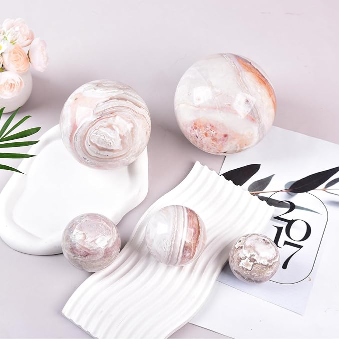 JIC Gem Large Pink Crystal Sphere with Stand Agate Crystal Ball Gemstone Decorative Ball for Home Decor Altar Reiki Healing Gift 80-90mm