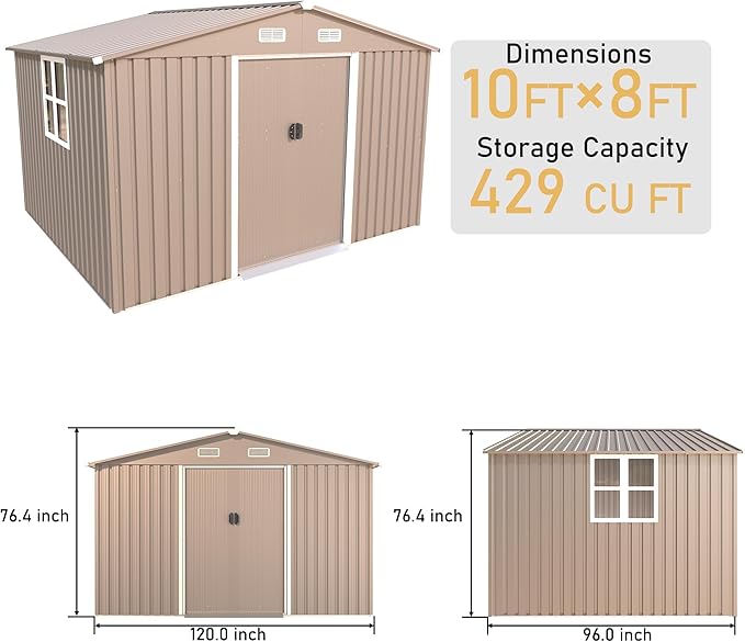 10×8FT Outdoor Storage Shed with Window,Large Metal Tool Shed with Lockable Door and Rainproof Sloped Roof, Garden Shed for Backyard, Patio, Brown