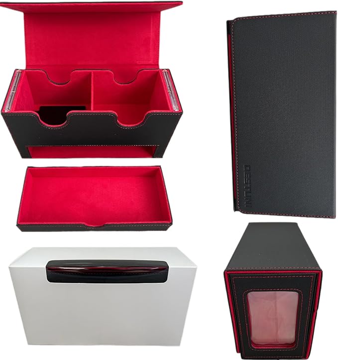 Card Deck Box for mtg – Fits 100+ Double-Sleeved Cards, Dual Commander Display with Dice Tray, PU Leather Organizer for TCG, CCG, Sports Cards (Black&Red)