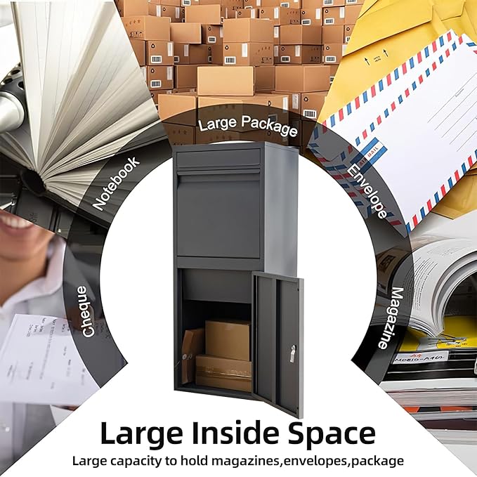 40in Mailboxes for Outside, Heavy Duty Steel Outdoor Package Delivery Box, Parcel Package Drop Box with Adjustable Anti-theft panel,Grey Anti theft Package Delivery Box