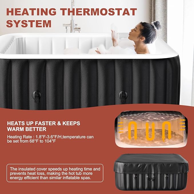 LILYPELLE 4-6 Person Inflatable Hot Tub, Square Portable Hot Tub with 130 Bubble Jets, Large Outdoor Spa Bathtub Set with Heater Pump, Filter and Insulated Cover, 73" X 73" X 25"