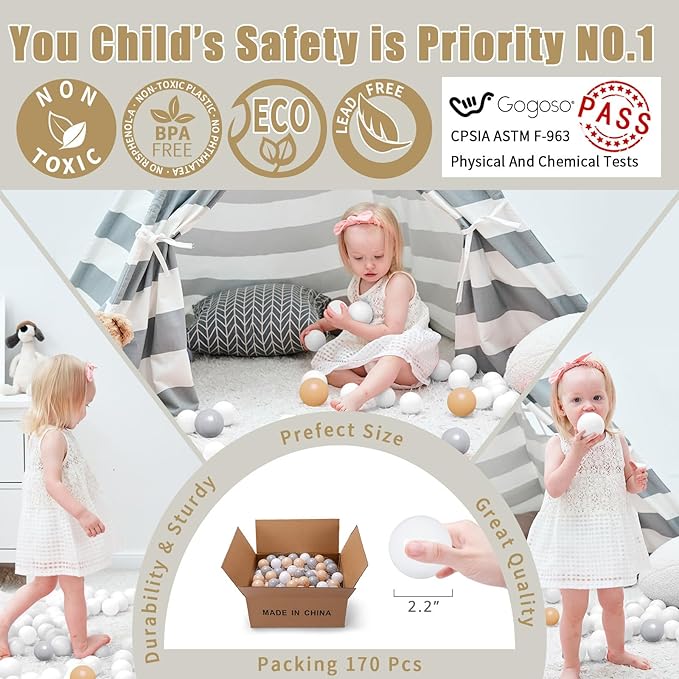 GOGOSO Ball Pit Balls Crush Proof Non-Toxic Plastic Balls Babies Kids Toy Bulk Pack 170pcs 2.2inchs