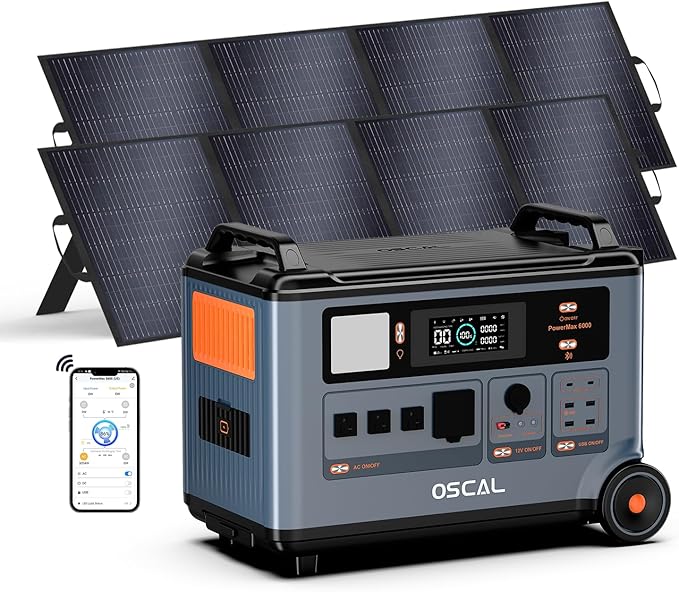 OSCAL PowerMax 6000 Solar Generator with 2×200W,120V/240V Split Phase Voltage 6000W AC Outlets (9000W Peak), 2200W AC Charging/2400W Solar Charging, Emergency for Home Power Bank