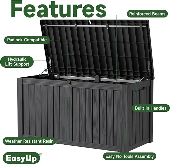 EasyUp 150 Gallon Outdoor Storage Box Waterproof, UV Resistant Resin Deck Box with Hydraulic Rod, Reinforced Stability for Patio, Garden, and Pool, Striped Black