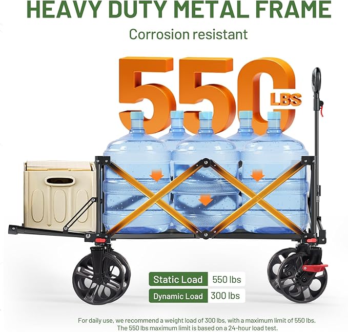 TIMBER RIDGE 47"L Collapsible Folding Wagon with Tailgate, 550lbs Heavy Duty Beach Wagon with All-Terrain Big Wheels, 250L Foldable Utility Wagon Cart for Sand Camping Sports Shopping, Green