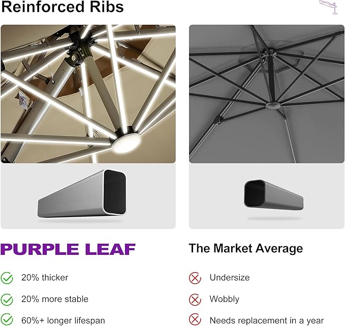 PURPLE LEAF 12ft Solar powered LED Patio Umbrella Outdoor Round Umbrellas Large Cantilever Umbrellas with LED lights Windproof Offset Umbrella Heavy Duty Sun Umbrella for Garden Deck Pool Patio, Beige
