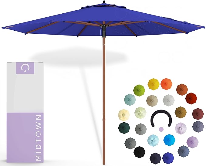 Midtown Umbrellas The Wooden 8 Feet Patio Umbrella With Terylast Midnight (Royal Blue) Polyester Fabric - Aluminum Frame Market Umbrella For Backyard, Deck, Garden, Pool - Wooden Pole