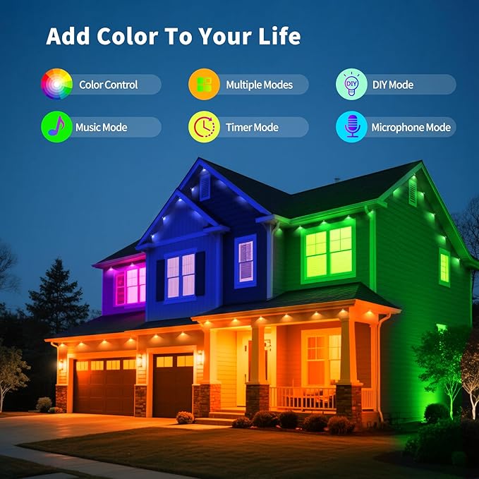 150ft Outdoor LED String Lights Waterproof Smart Control Light for Patio Yard House Porch Permanent Color Changing Lights for Garden and Holiday Use