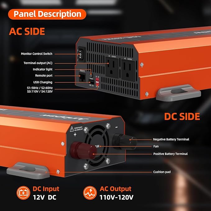 1080W Pure Sine Wave Inverter 12V to 110V Ultra Quiet, Game-Changing Design | 12V to 110 Converter for Home, RV, Camping, Off-Grid & Outdoor Adventures丨DC to AC (LGE-12V-1080Ti)