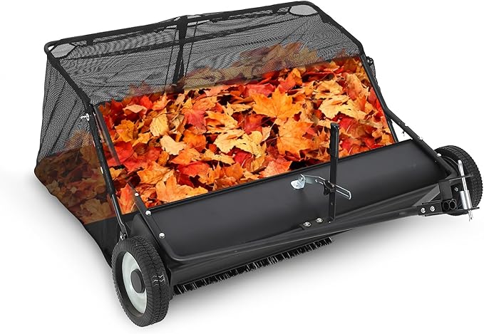 42 in Lawn Sweeper Tow Behind, Pull Behind Yard Sweeper, 21 cu. ft Large Hopper Leaf & Grass Collector, Heavy Duty Garden Sweeper with Adjustable Sweeping Height for Yard, Lawn, Farm