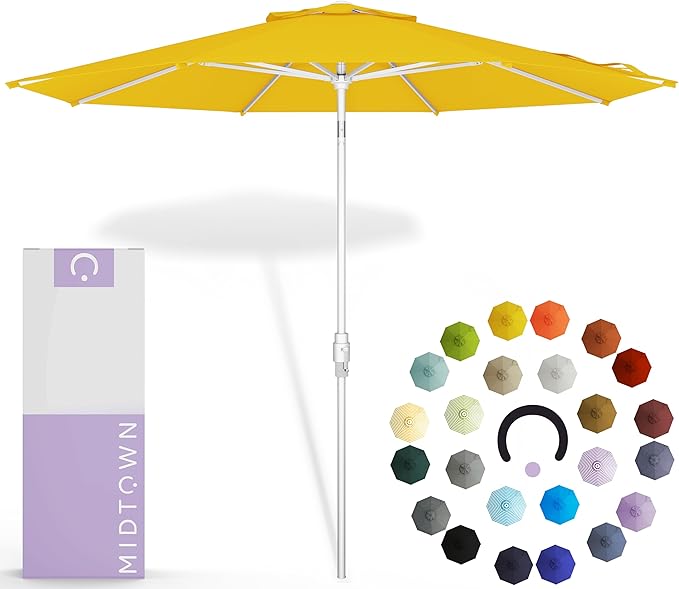 Midtown Umbrellas The Swilt 9 Feet Patio Umbrella in Terylast Sunflower (Yellow) Polyester Fabric - Fiberglass Ribs, Auto-Tilt Aluminum Frame For Backyard, Deck, Garden, Pool - White Pole