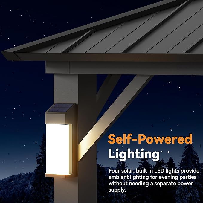 Modern Shade The Horizon Permanent Hardtop Gazebo 12' x 24' with 4 LED Lights, Outdoor Gazebo with Galvanized Steel Double Roof, Patio Pavilion w/Decor Hooks, Mosquito Netting and Curtains, Black
