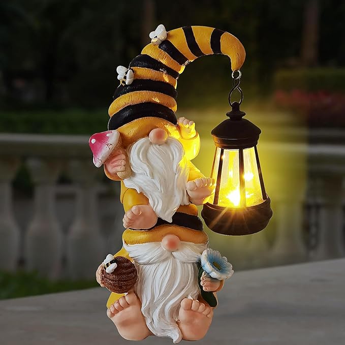 Garden Gnomes Outdoor Statue Solar Bee Garden Gnomes with Led Lantern Outdoor Decor for Yard,Patio,Lawn,Gnome Gifts for Women,Mom,Gnomes Decorations for Yard